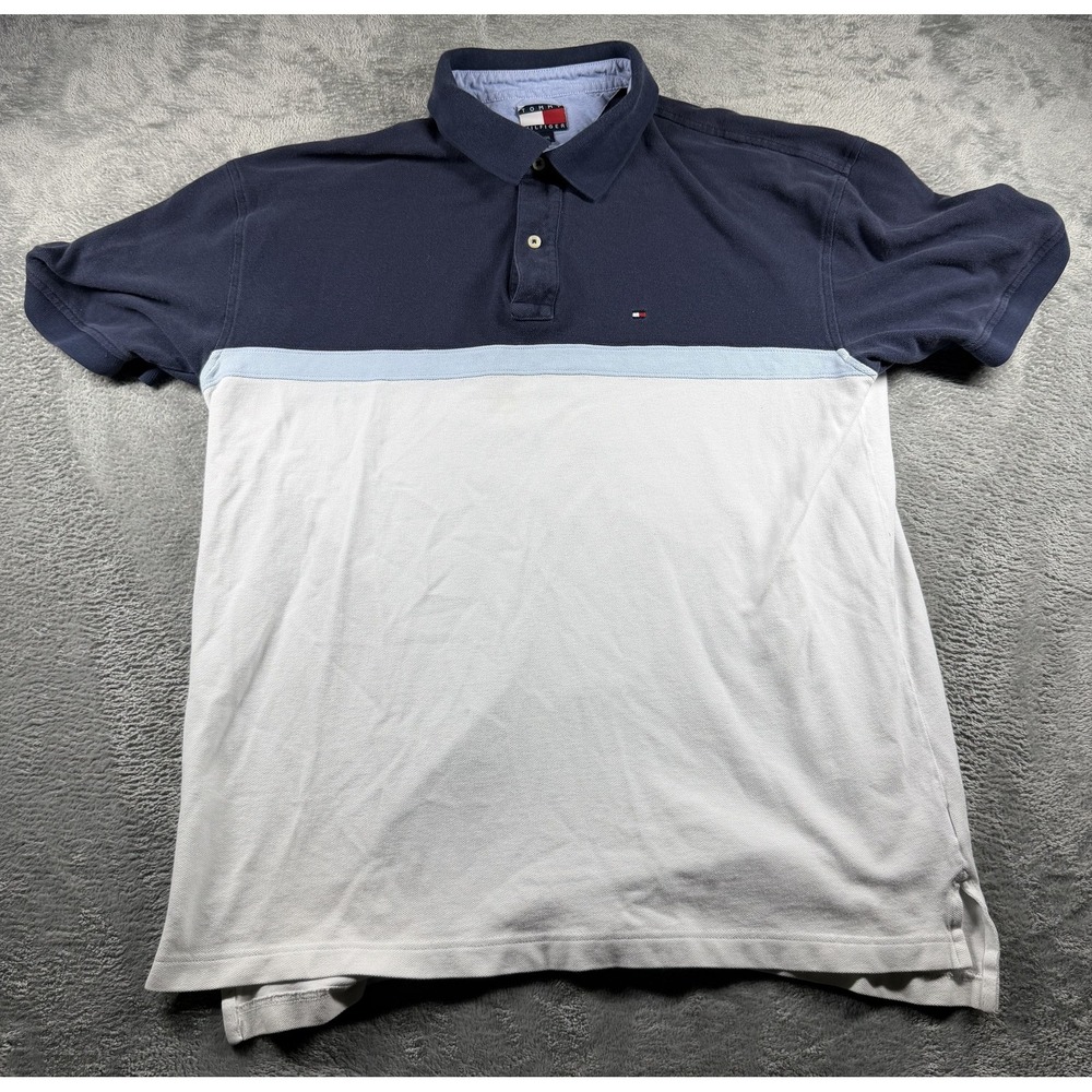 Tommy Hilfiger Polo Shirt Mens XL Navy Blue White Colorblock Short Sleeve